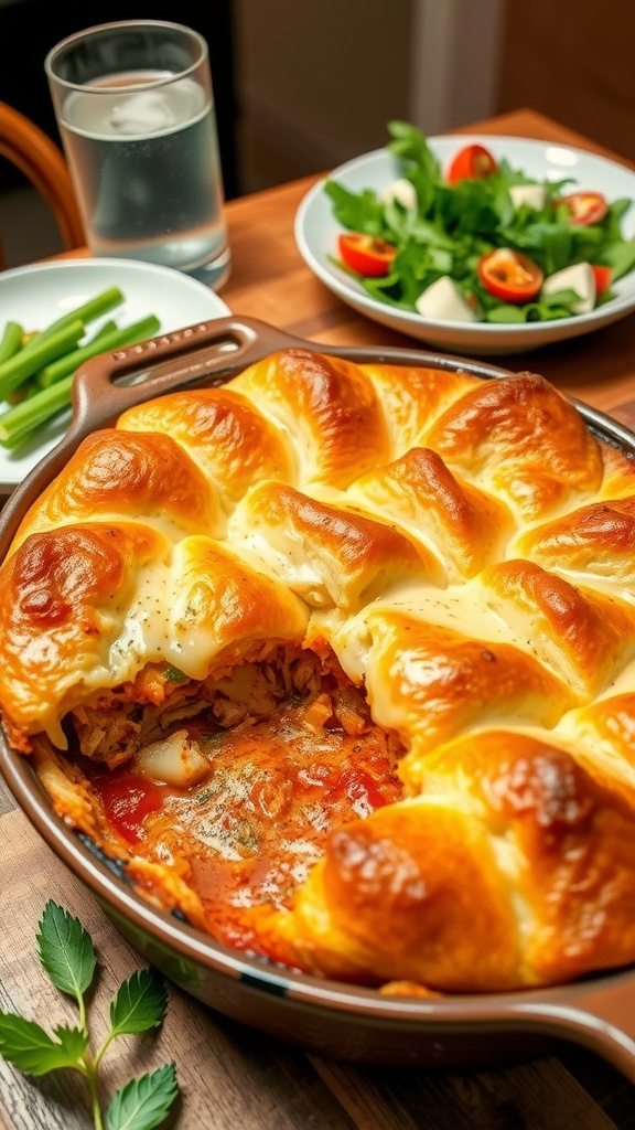 Golden-brown chicken crescent roll bake with melted cheese and marinara sauce, served in a rustic dish.